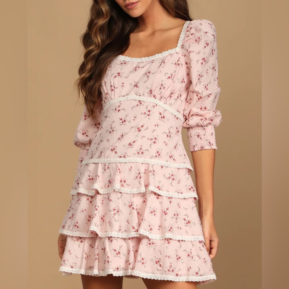 Lulus Lasting Bliss Pink Floral Print Ruffled Square Neck Mini Dress Size M